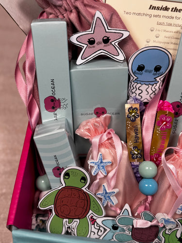 Translation missing: en.collection of makeup from sugar ocean beauty the 'twin tides' box with stickers and Hawaii bracelet gift