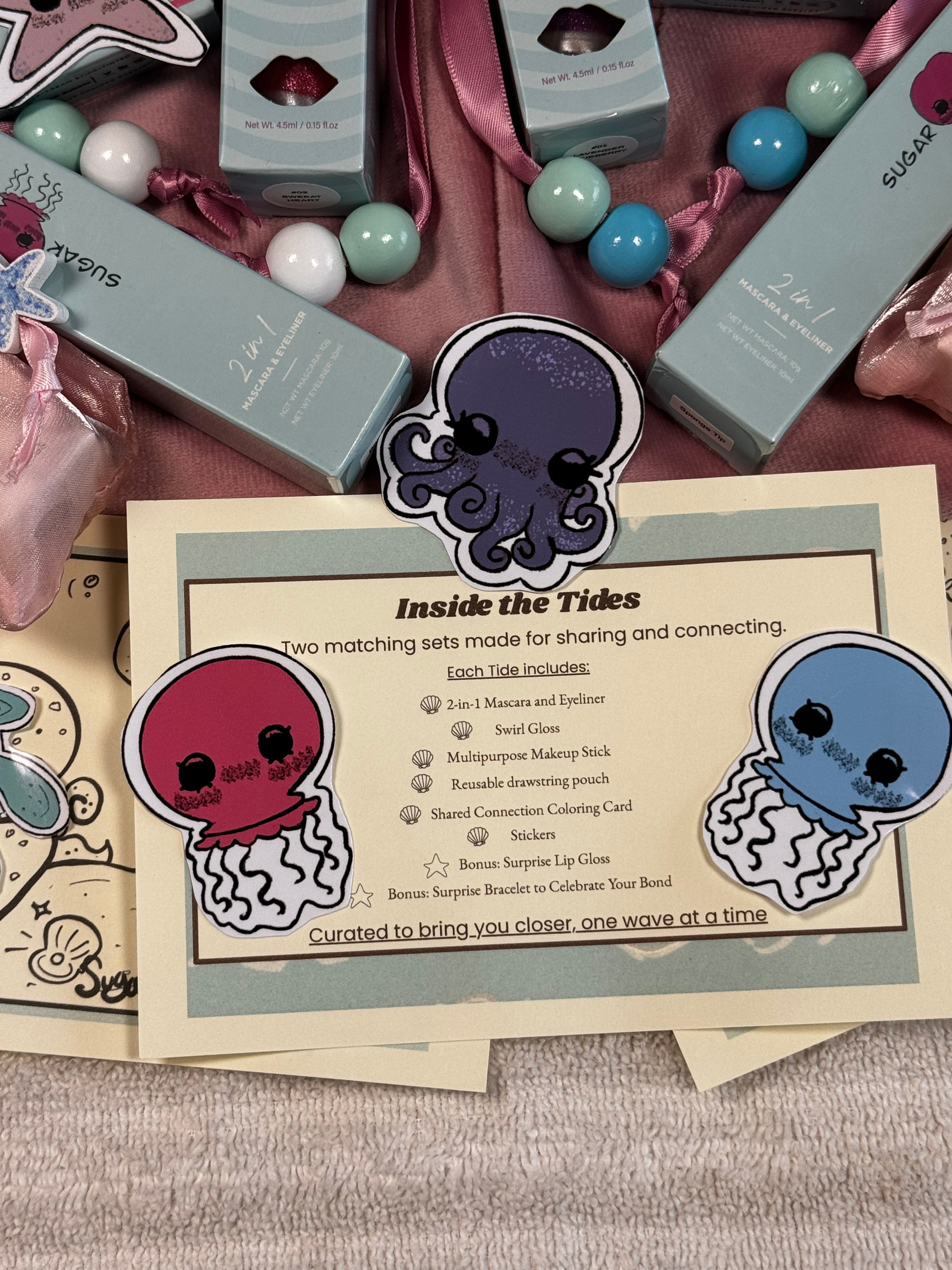 sugar ocean beauty product card with brand stickers.
